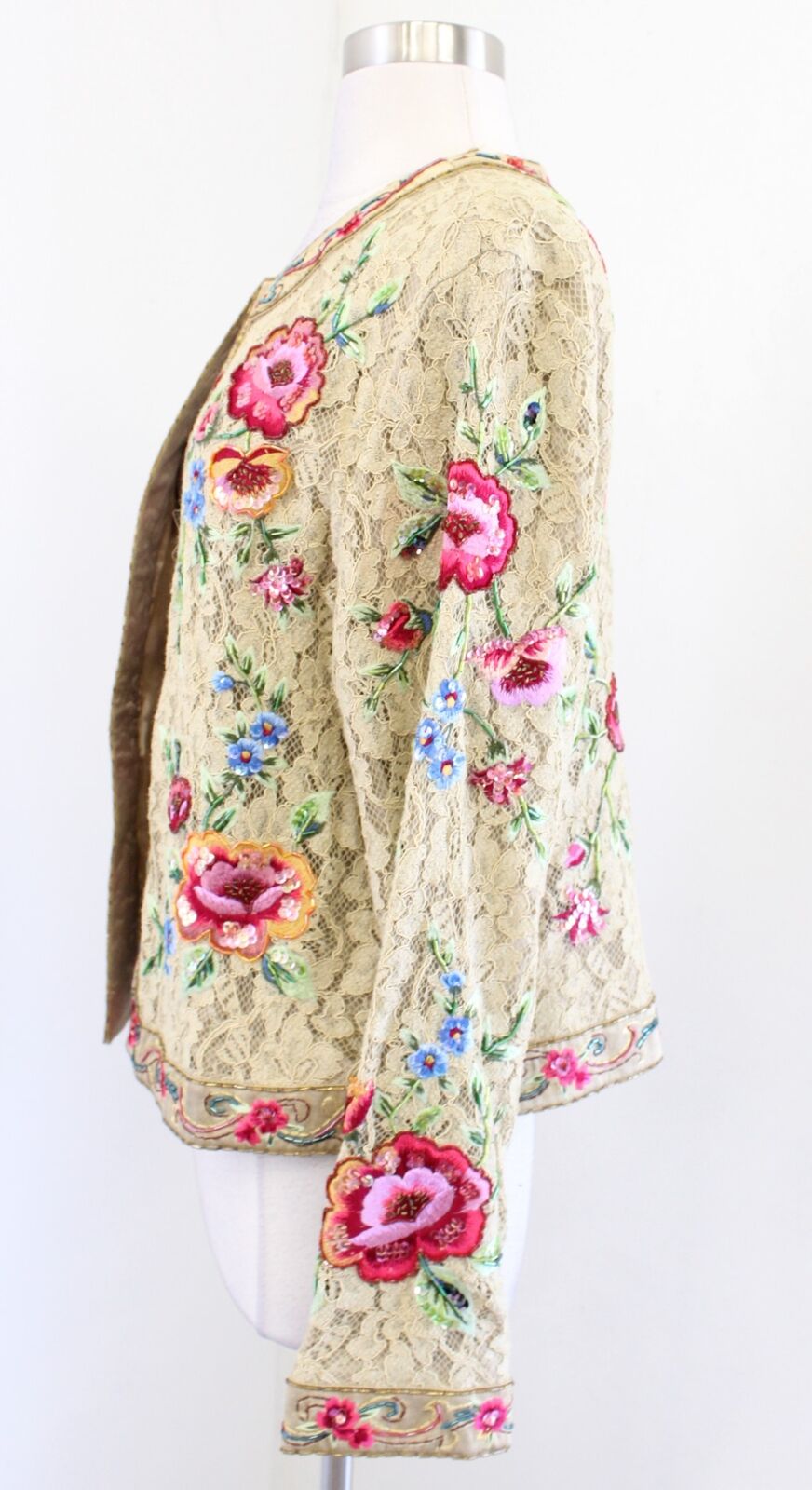 Vtg 2000s Gold - Tan Ornate Floral Embroidered Lace Sequin Jacket Size 16 L / XL