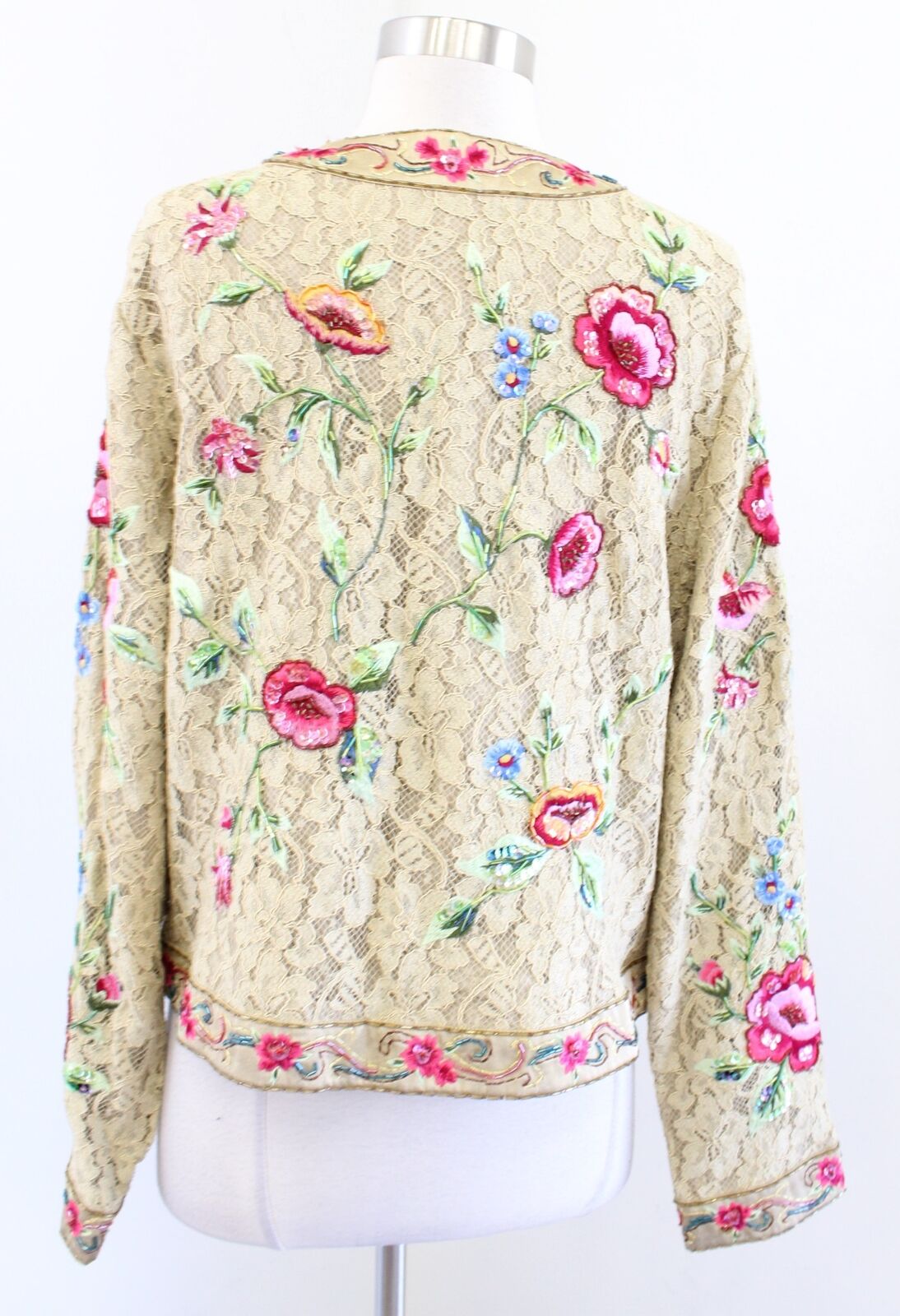Vtg 2000s Gold - Tan Ornate Floral Embroidered Lace Sequin Jacket Size 16 L / XL