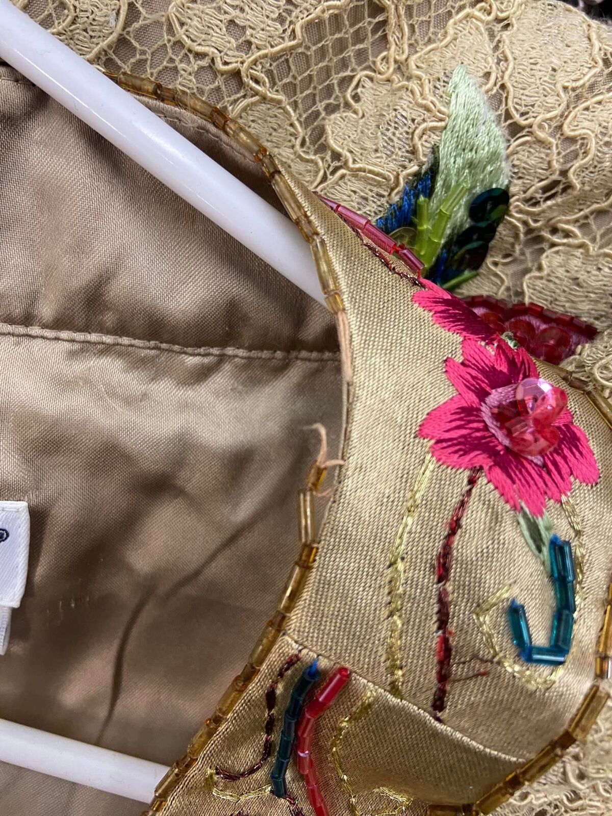 Vtg 2000s Gold - Tan Ornate Floral Embroidered Lace Sequin Jacket Size 16 L / XL