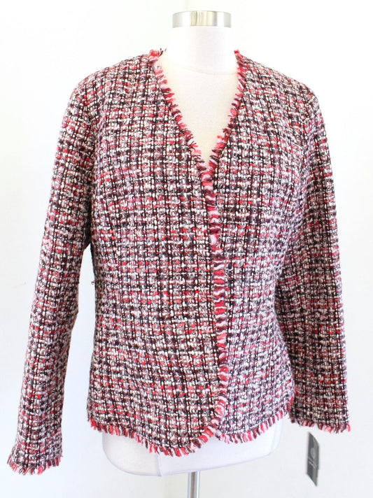 NWT Doncaster Womens Red Tweed Fringe Wool Blazer Jacket Size 14 Gray Black