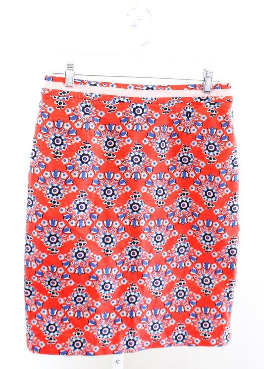 Boden Red Modern Pencil Skirt Geometric Floral Print Size US 8R 8 Pink Blue