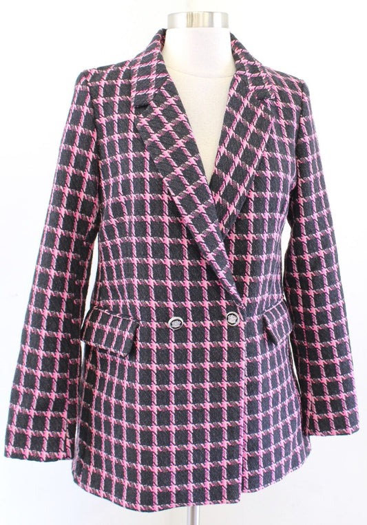 Rachel Zoe Womens Black Pink Double Breasted Check Plaid Blazer Jacket Size S