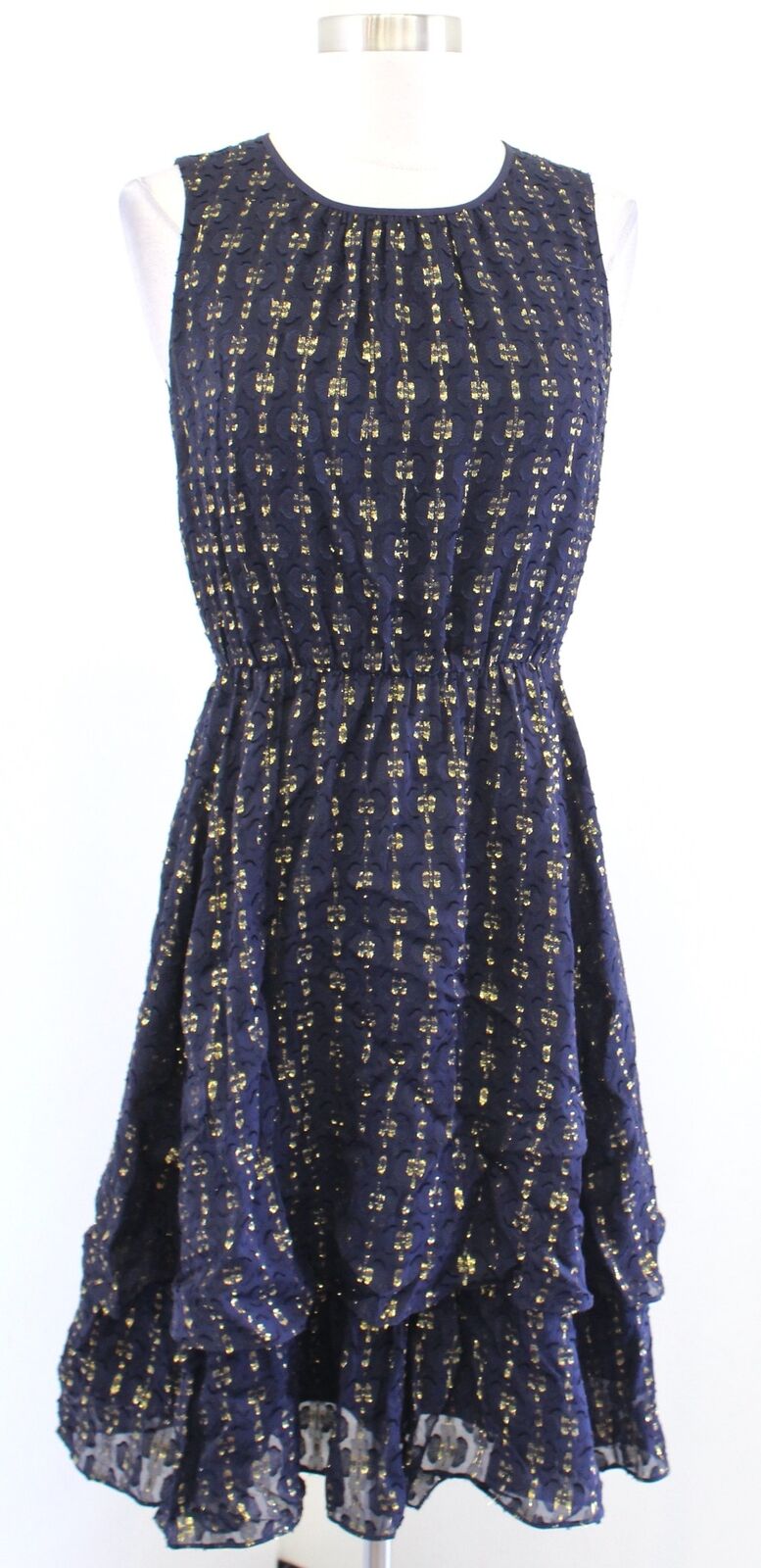 J Crew Navy Blue Gold Metallic Textured Dot Chiffon Dress Silk 0 A Line Flounce