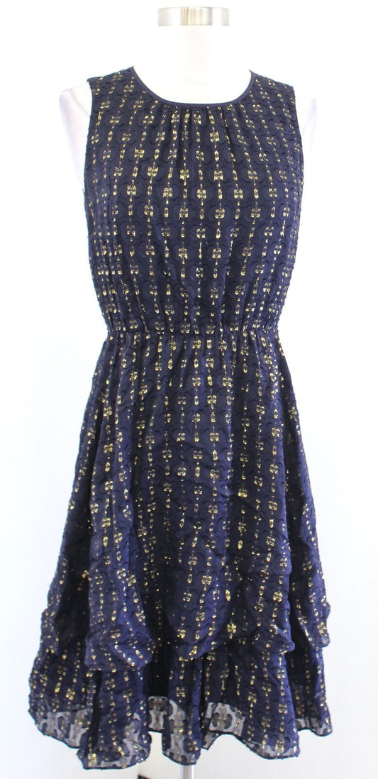 J Crew Navy Blue Gold Metallic Textured Dot Chiffon Dress Silk 0 A Line Flounce