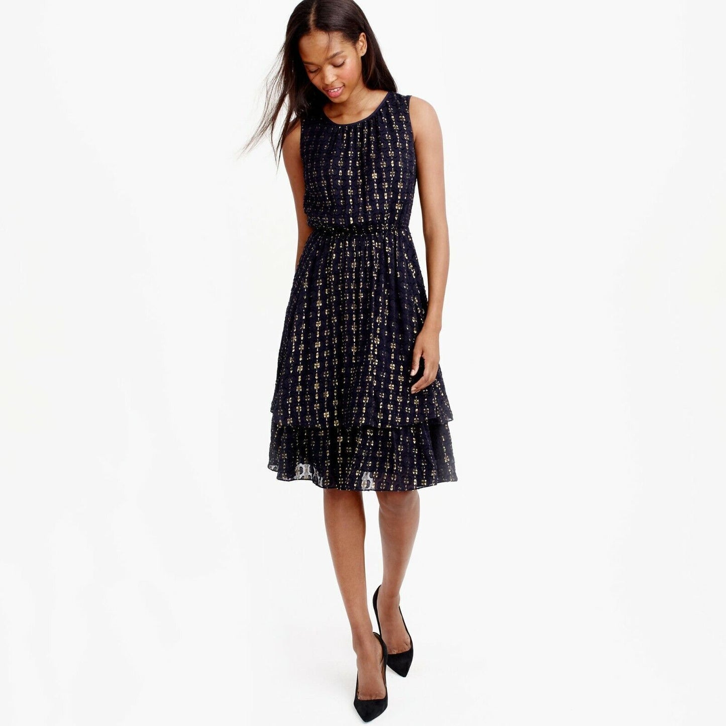 J Crew Navy Blue Gold Metallic Textured Dot Chiffon Dress Silk 0 A Line Flounce