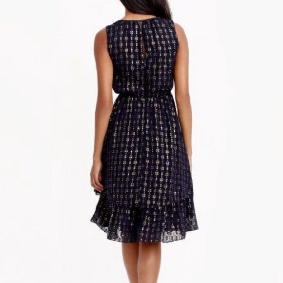 J Crew Navy Blue Gold Metallic Textured Dot Chiffon Dress Silk 0 A Line Flounce