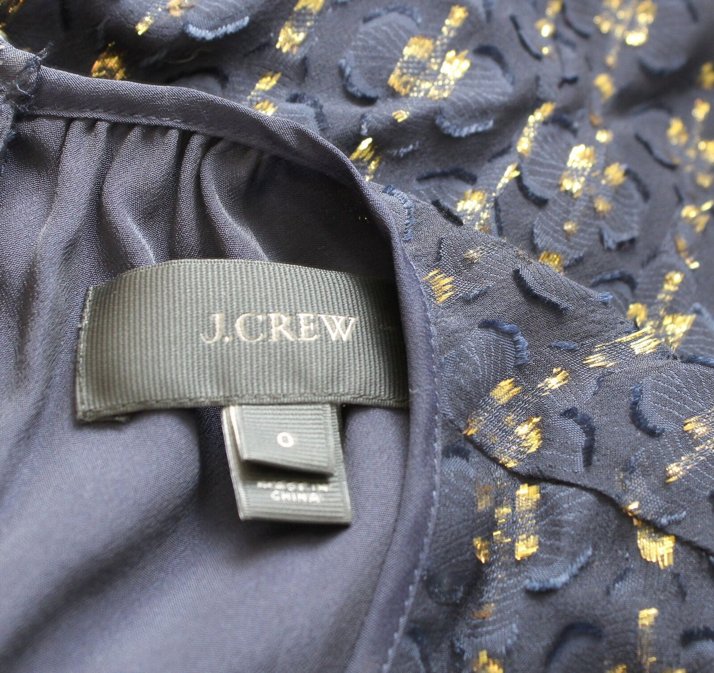 J Crew Navy Blue Gold Metallic Textured Dot Chiffon Dress Silk 0 A Line Flounce