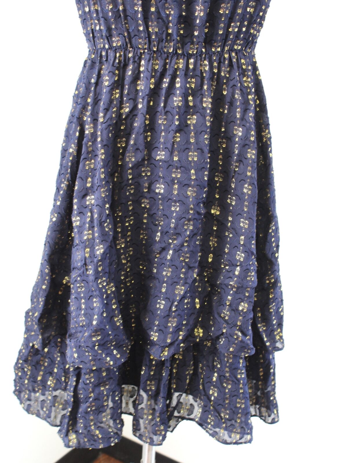 J Crew Navy Blue Gold Metallic Textured Dot Chiffon Dress Silk 0 A Line Flounce