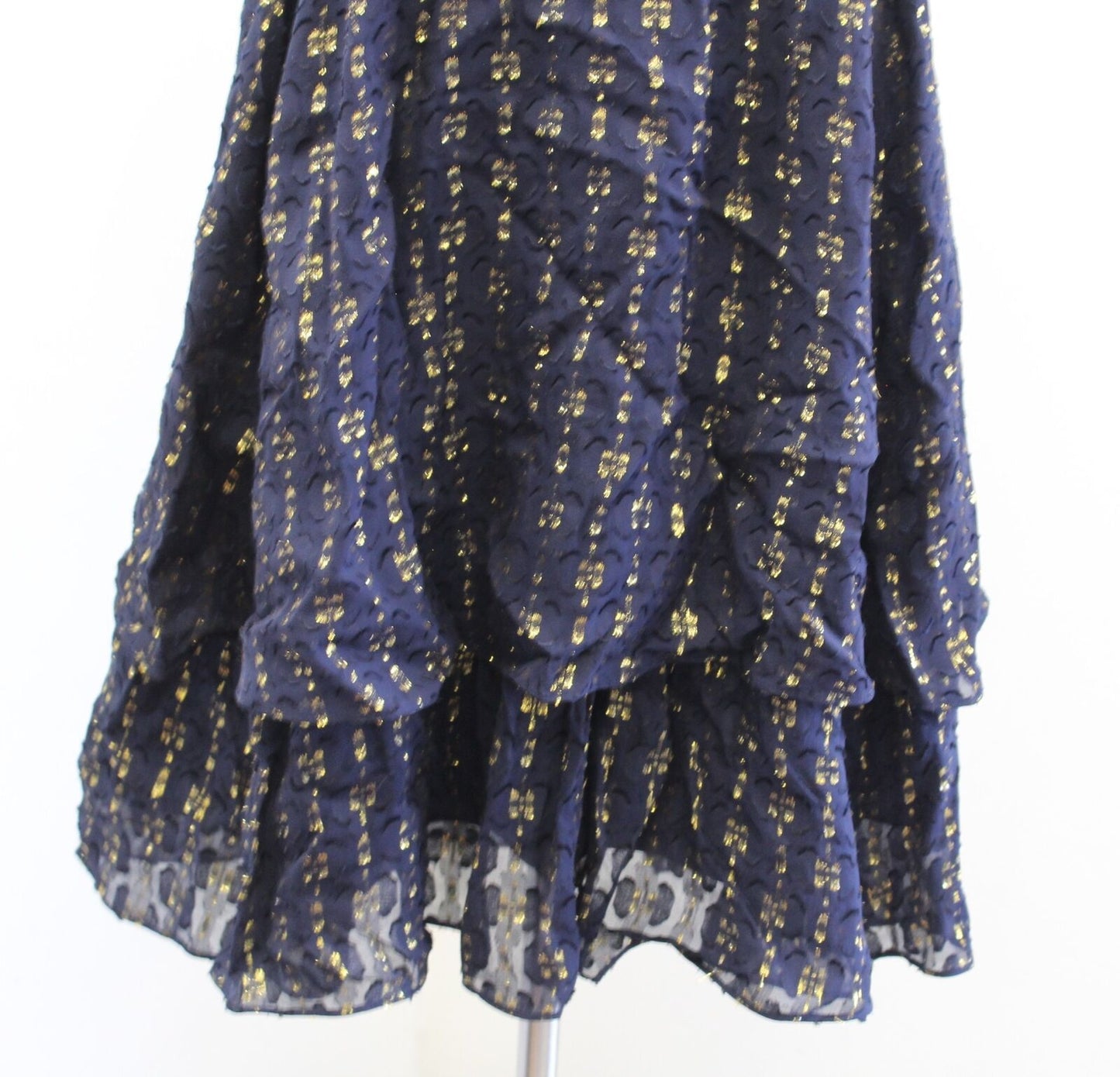 J Crew Navy Blue Gold Metallic Textured Dot Chiffon Dress Silk 0 A Line Flounce