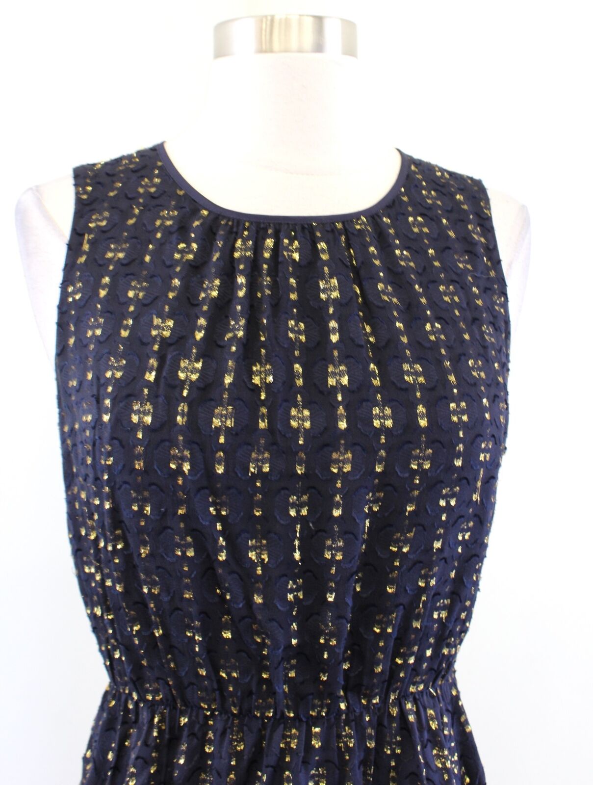 J Crew Navy Blue Gold Metallic Textured Dot Chiffon Dress Silk 0 A Line Flounce