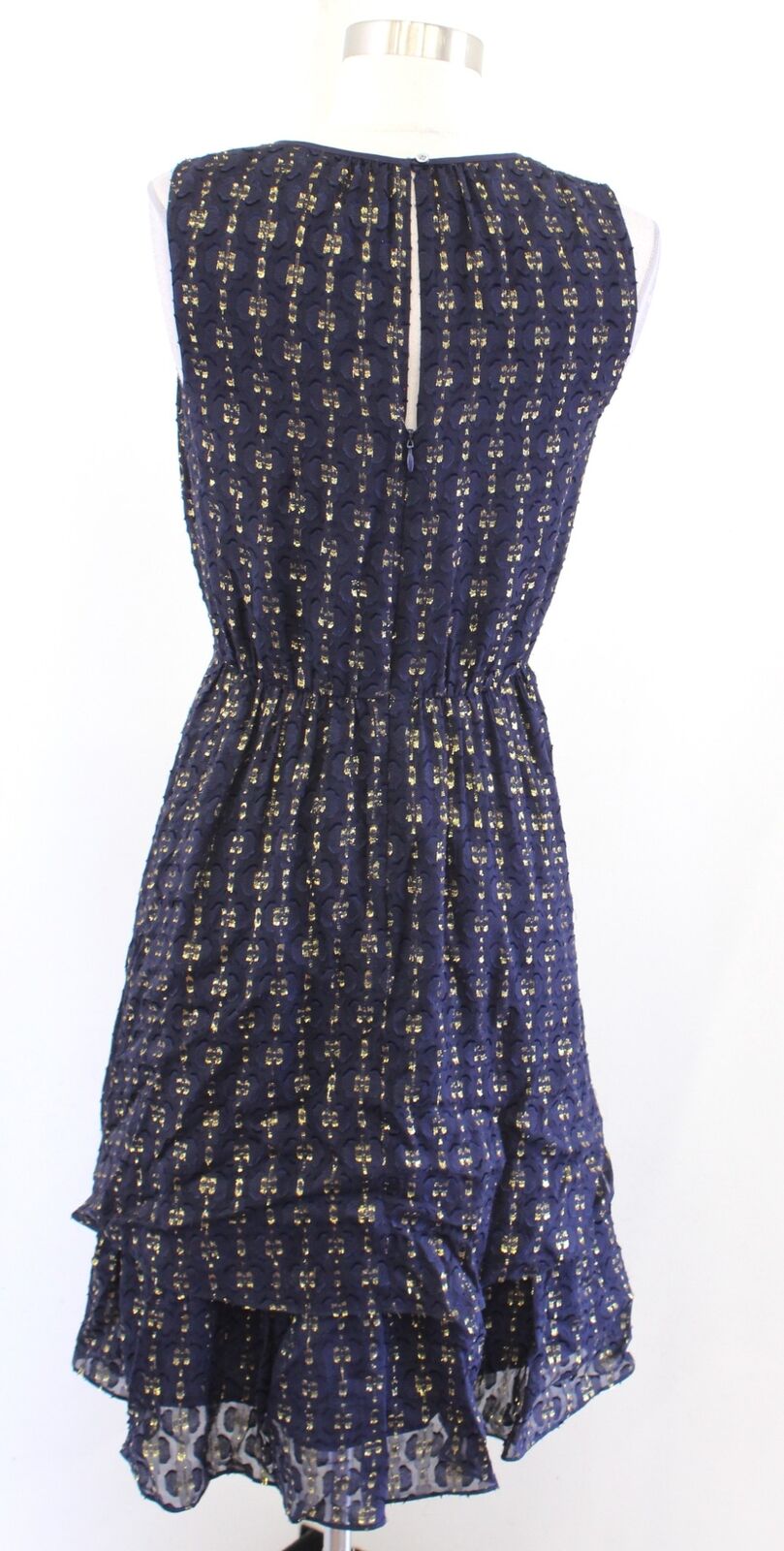 J Crew Navy Blue Gold Metallic Textured Dot Chiffon Dress Silk 0 A Line Flounce