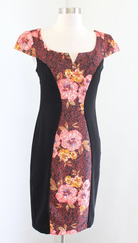 Eva Franco Anthropologie Black Floral Contrast Panel Sheath Dress Cap Sleeve 2