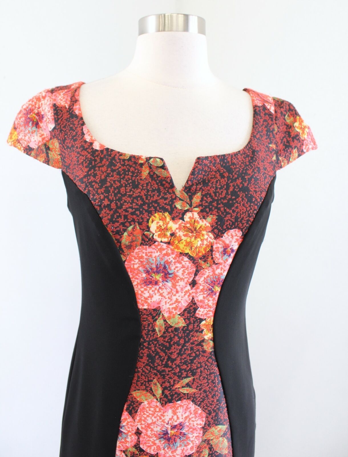 Eva Franco Anthropologie Black Floral Contrast Panel Sheath Dress Cap Sleeve 2