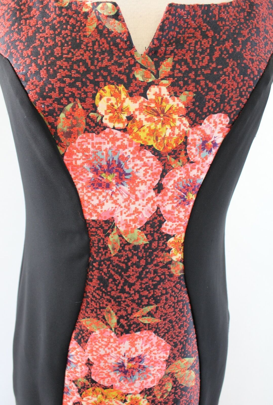 Eva Franco Anthropologie Black Floral Contrast Panel Sheath Dress Cap Sleeve 2