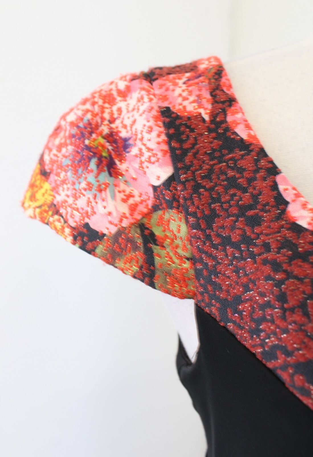 Eva Franco Anthropologie Black Floral Contrast Panel Sheath Dress Cap Sleeve 2