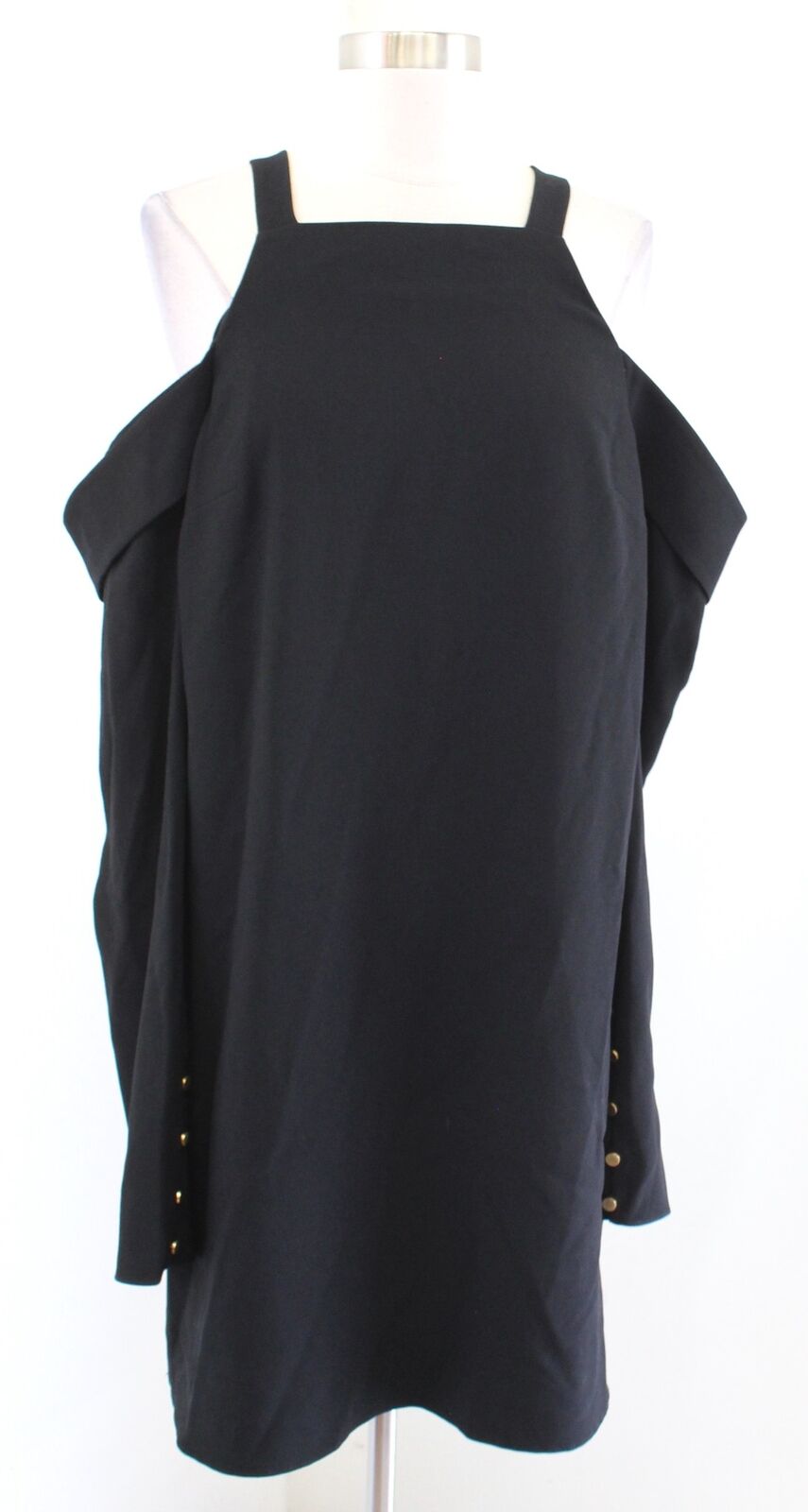 Tibi Womens Solid Black Cold Shoulder Square Neck Shift Dress Size 8 Gold Trim