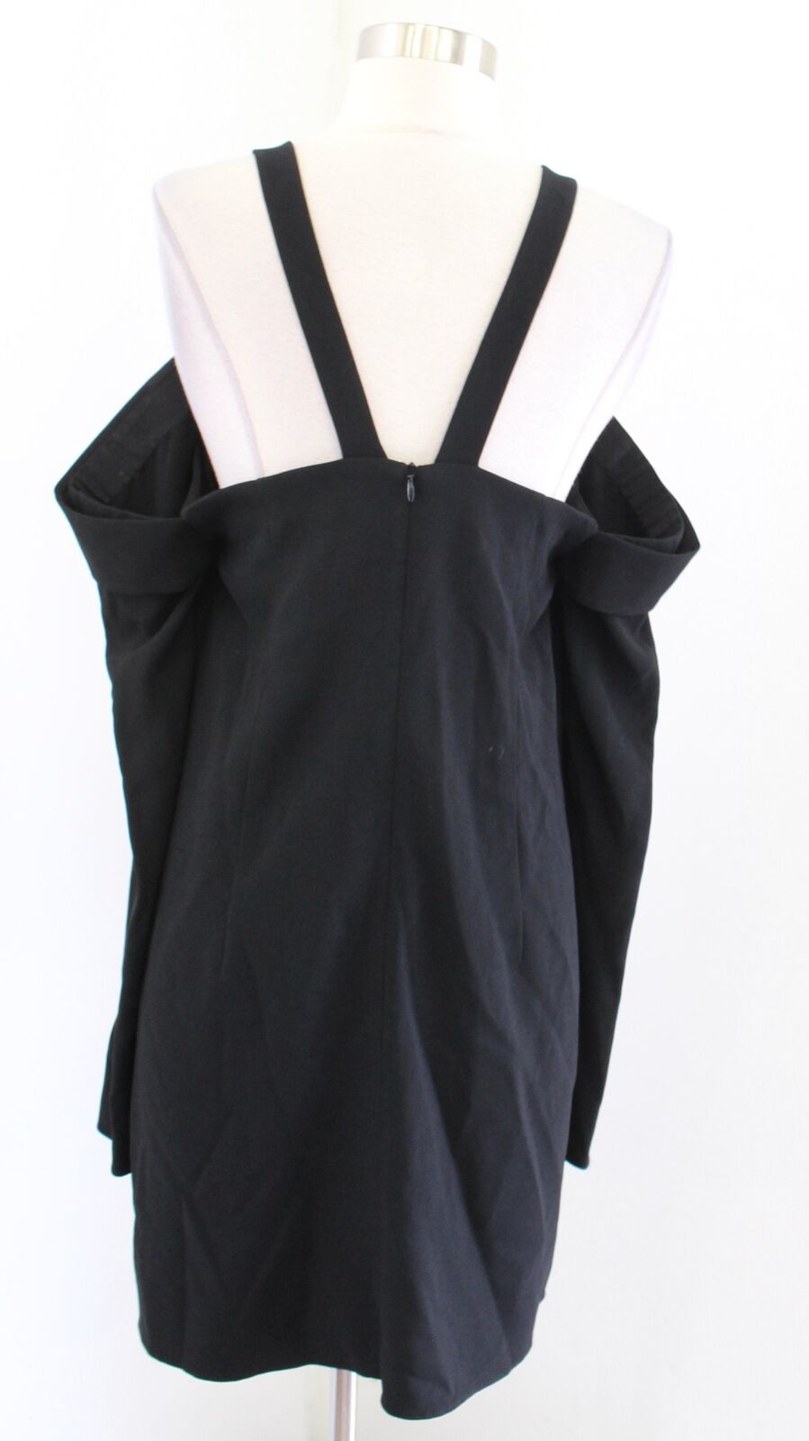 Tibi Womens Solid Black Cold Shoulder Square Neck Shift Dress Size 8 Gold Trim