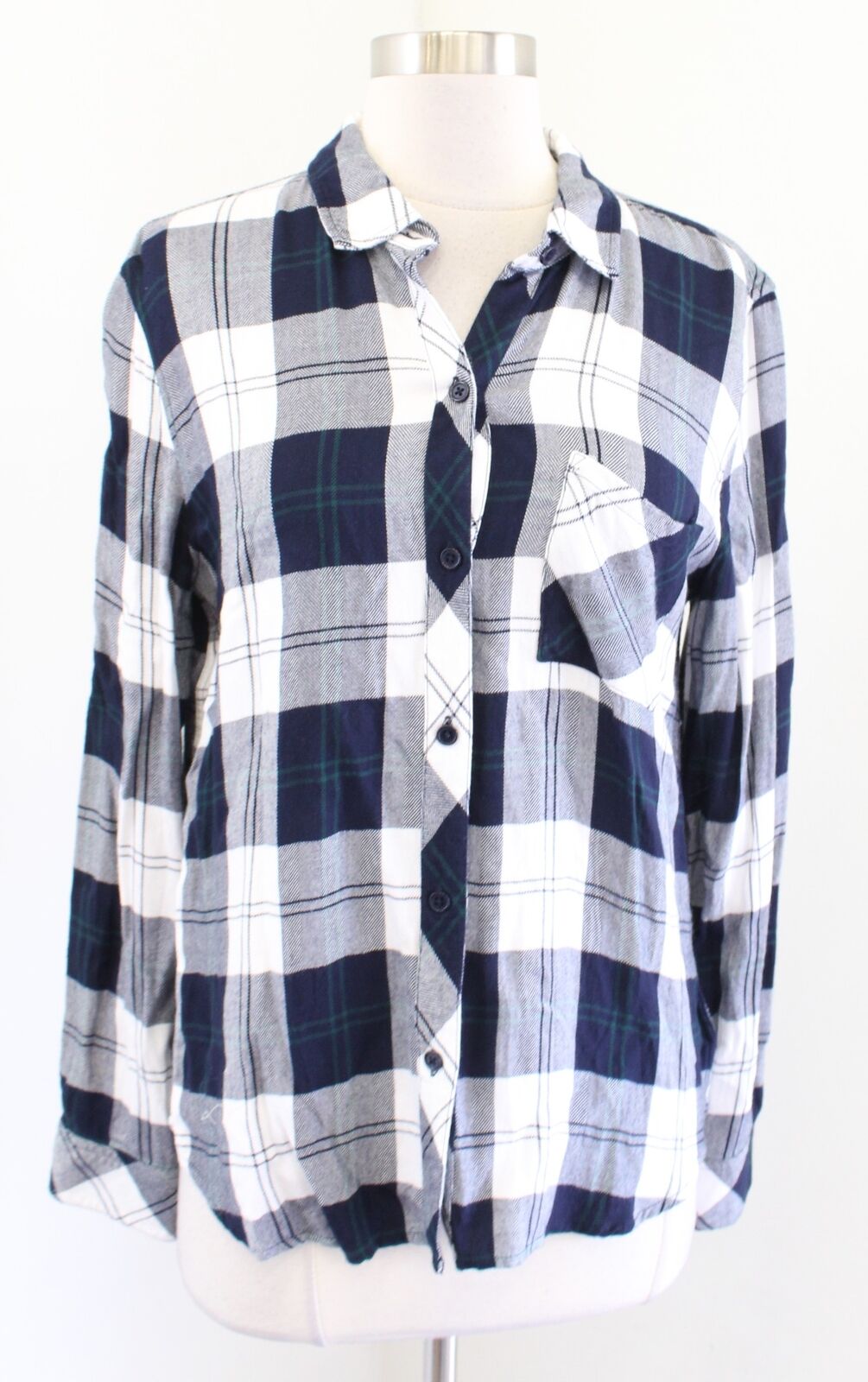 RAILS Hunter Plaid Button Front Blouse Shirt in Midnight Pine Size M White Navy