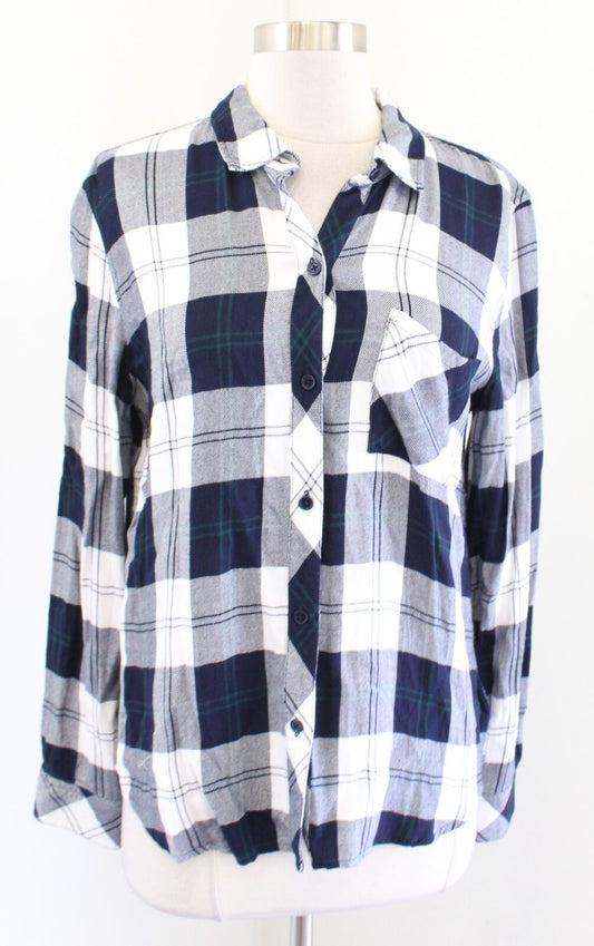 RAILS Hunter Plaid Button Front Blouse Shirt in Midnight Pine Size M White Navy