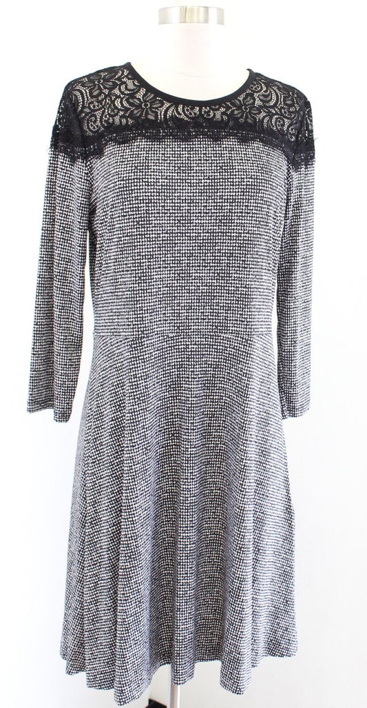 NWT Michael Kors Black White Mini Houndstooth Lace Trim Jersey Dress Size L