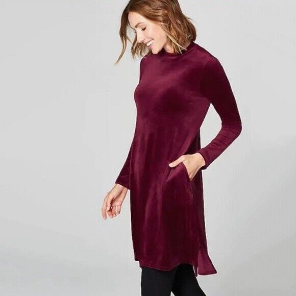 NWT Pure Jill J Jill Burgundy Red Velvet Mock Neck Shift Dress Size S Pockets