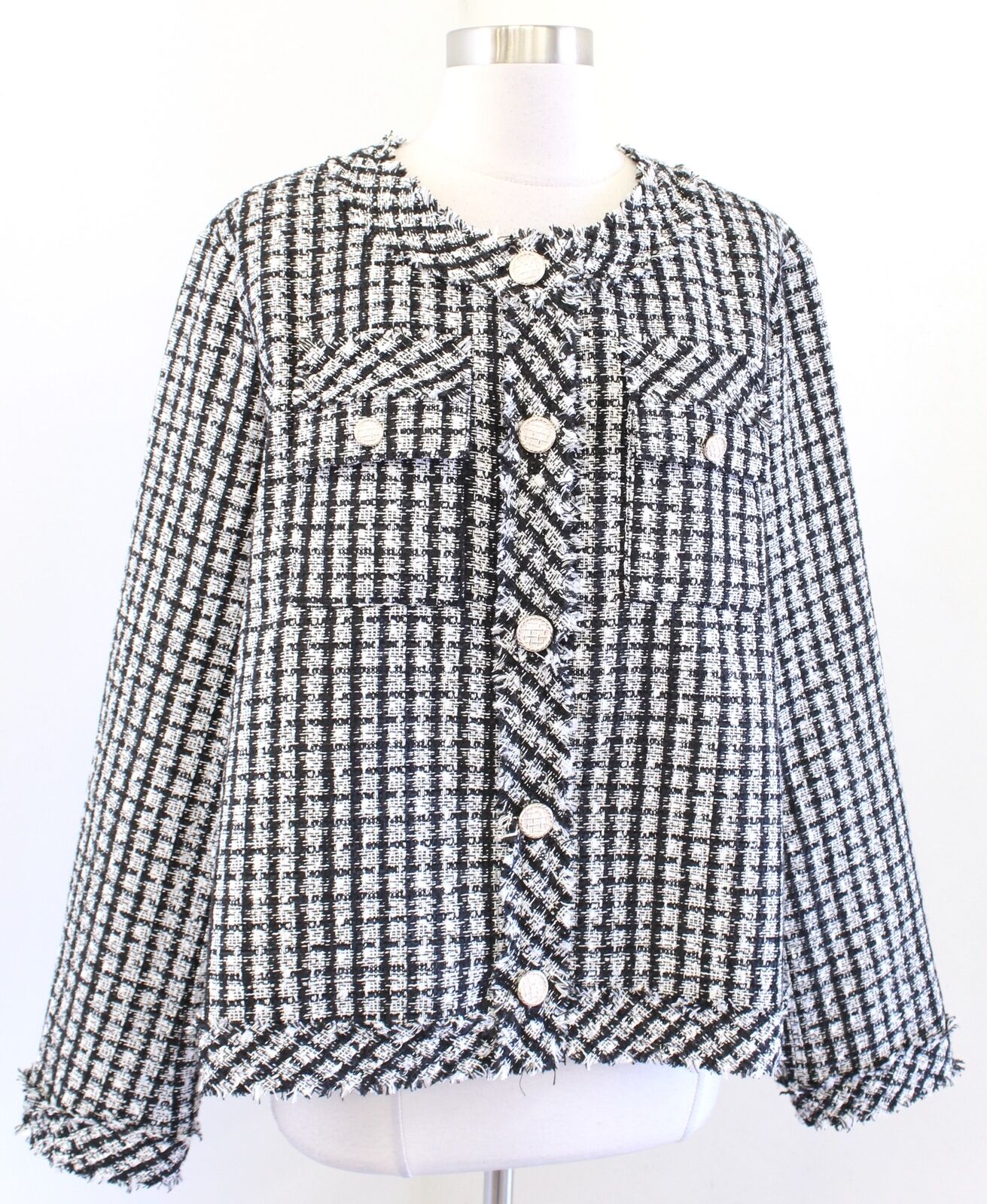 NWT Adrianna Papell Black White Gold Metallic Tweed Blazer Jacket Size XL Fringe