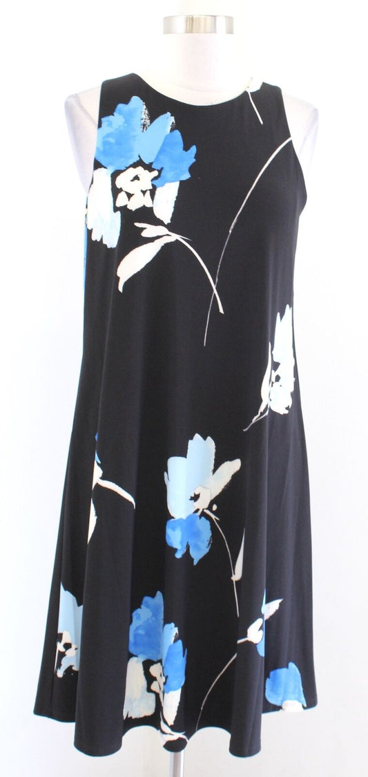 Lauren Ralph Lauren Black Blue Floral Jersey Sleeveless Shift Swing Dress Sz 10