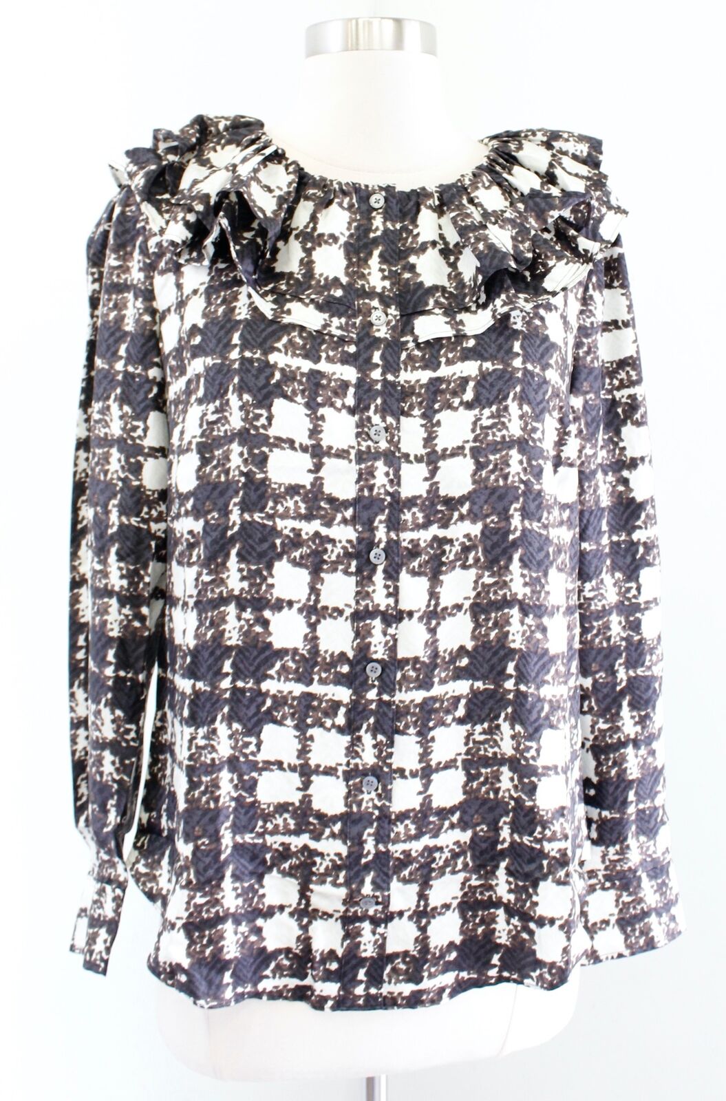 NWT J Crew Collection Silk Twill Ruffle Collar Top Blouse XS Brown Black Plaid Long Sleeve