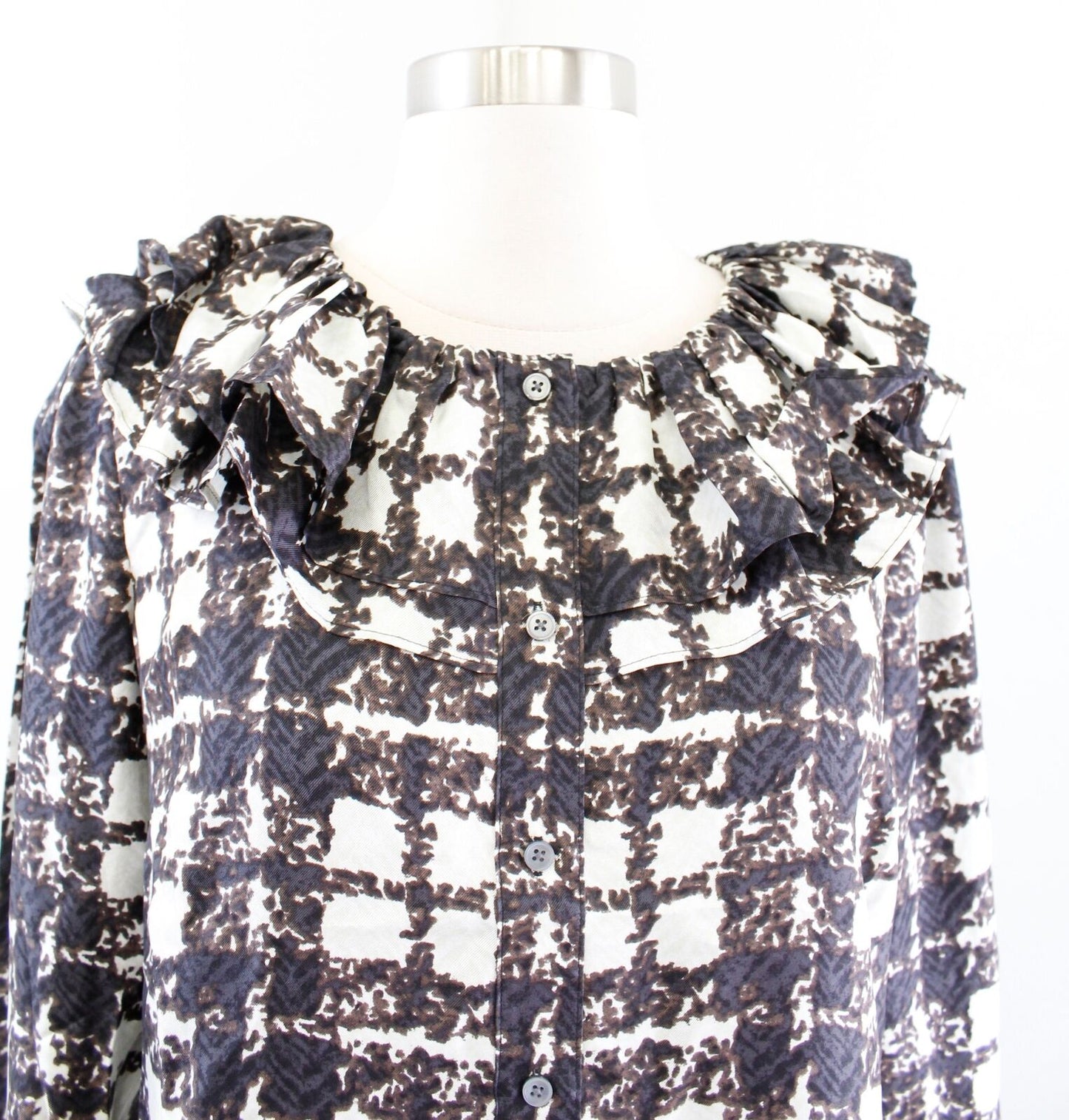 NWT J Crew Collection Silk Twill Ruffle Collar Top Blouse XS Brown Black Plaid Long Sleeve