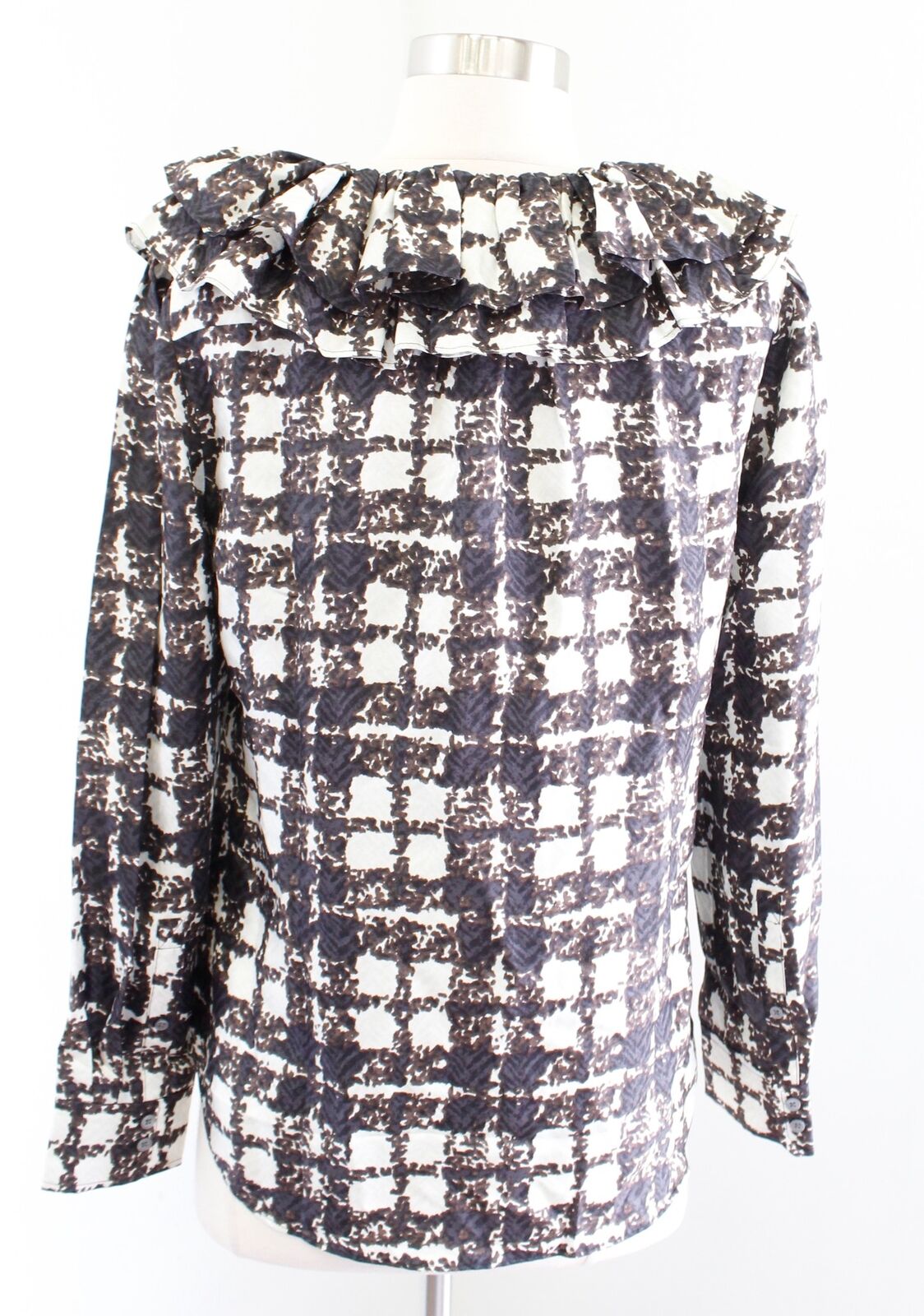 NWT J Crew Collection Silk Twill Ruffle Collar Top Blouse XS Brown Black Plaid Long Sleeve