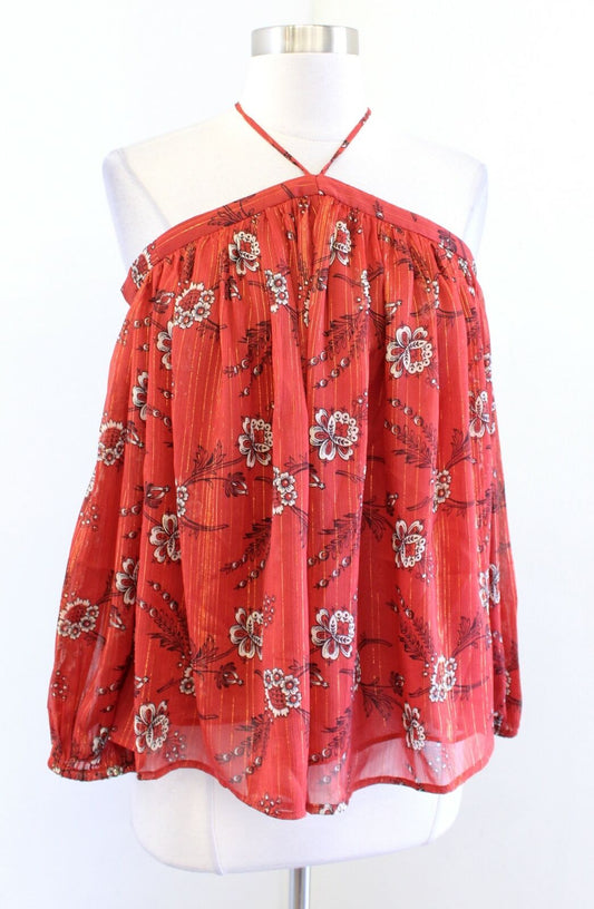 NWT Ann Taylor Orange Metallic Floral Off the Shoulder Halter Top Blouse PS SP