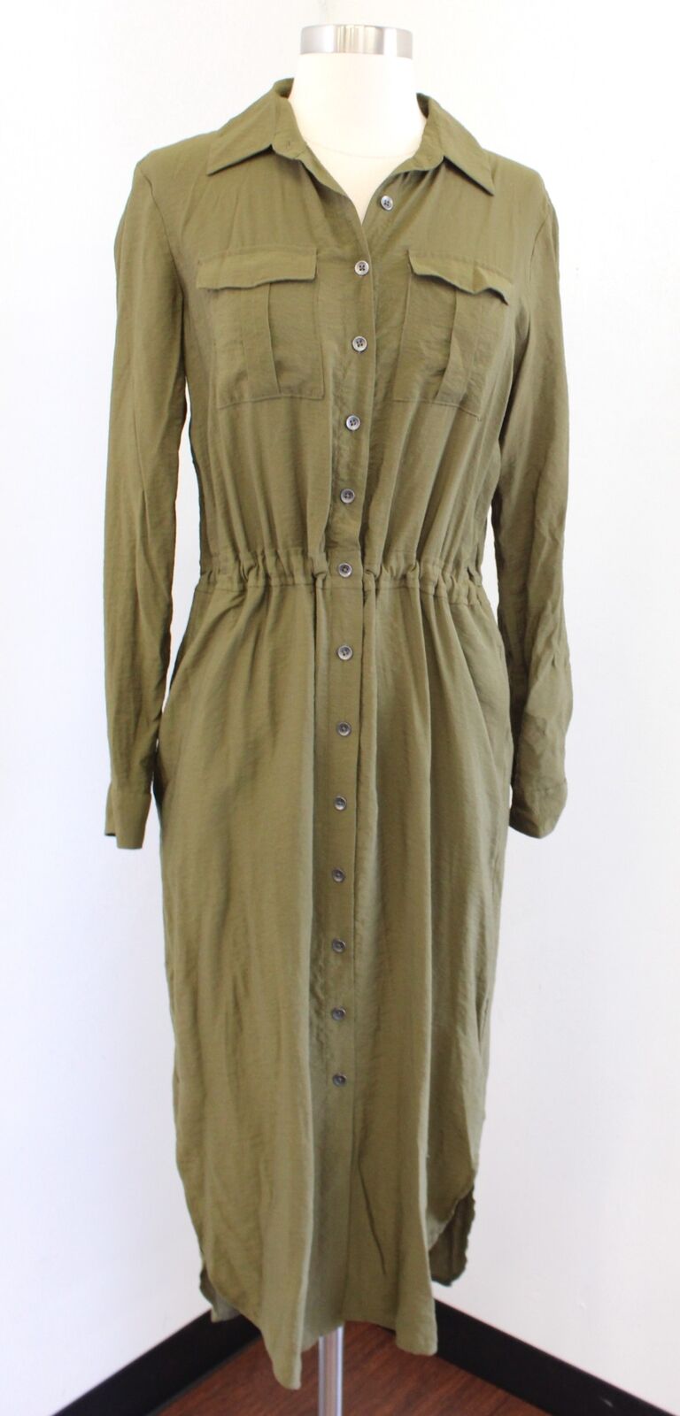 Maeve Anthropologie Olive Green Midi Button Front Drawstring Shirt Dress Size 2