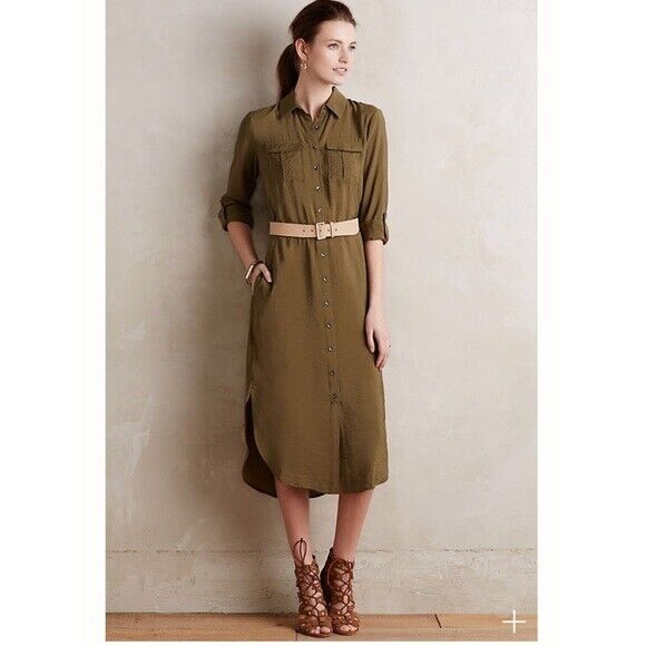 Maeve Anthropologie Olive Green Midi Button Front Drawstring Shirt Dress Size 2