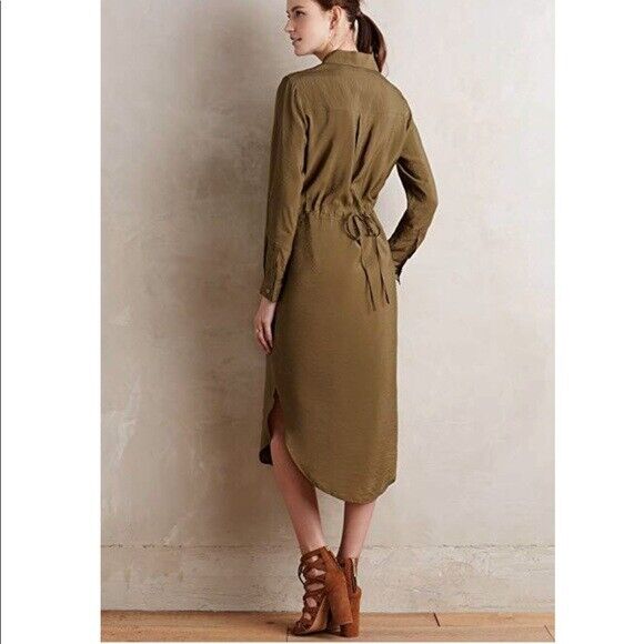 Maeve Anthropologie Olive Green Midi Button Front Drawstring Shirt Dress Size 2