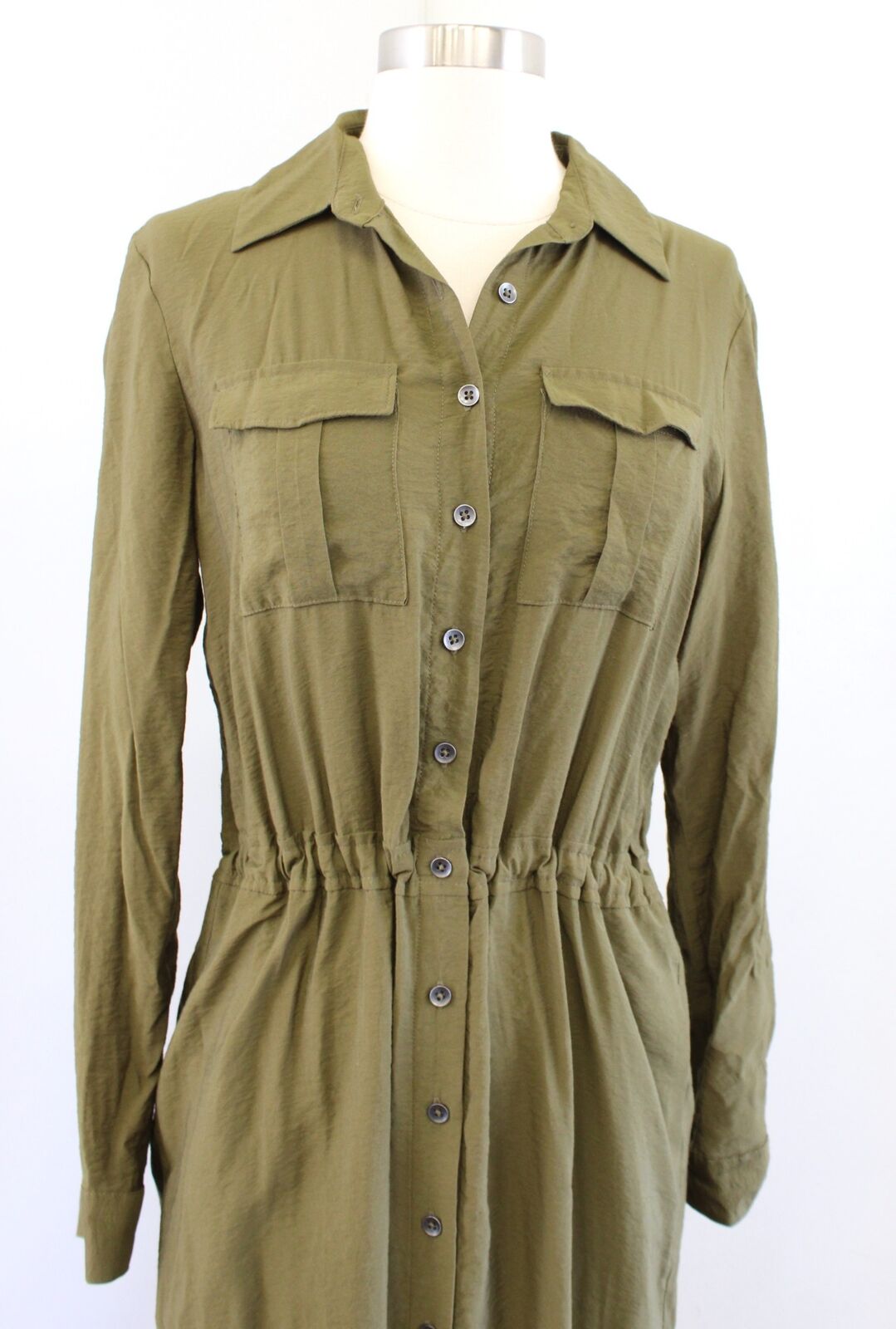 Maeve Anthropologie Olive Green Midi Button Front Drawstring Shirt Dress Size 2
