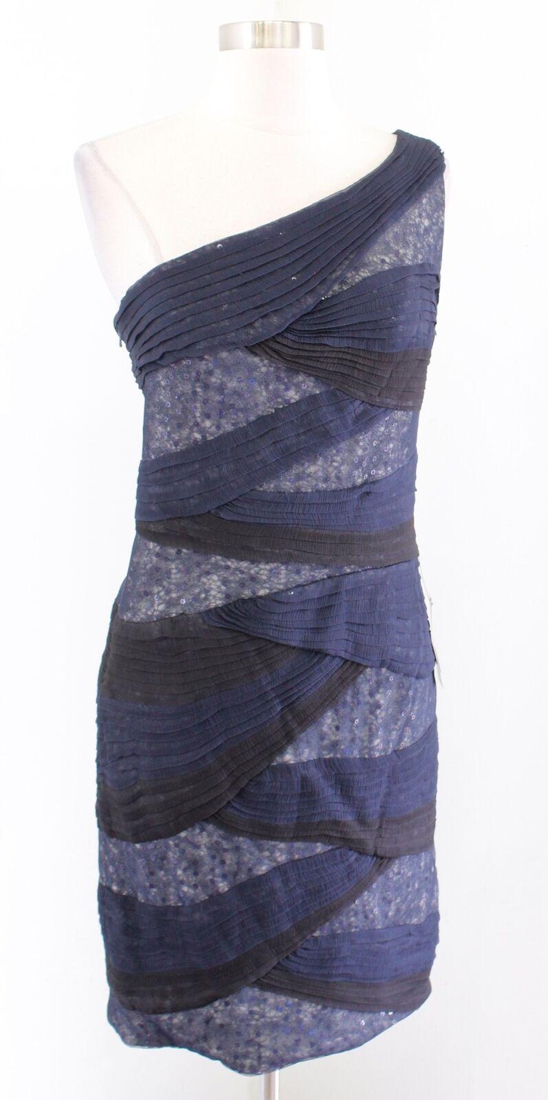 NWT Tadashi Shoji Navy Blue Black Mesh Sequin One Shoulder Dress Size 6 Evening