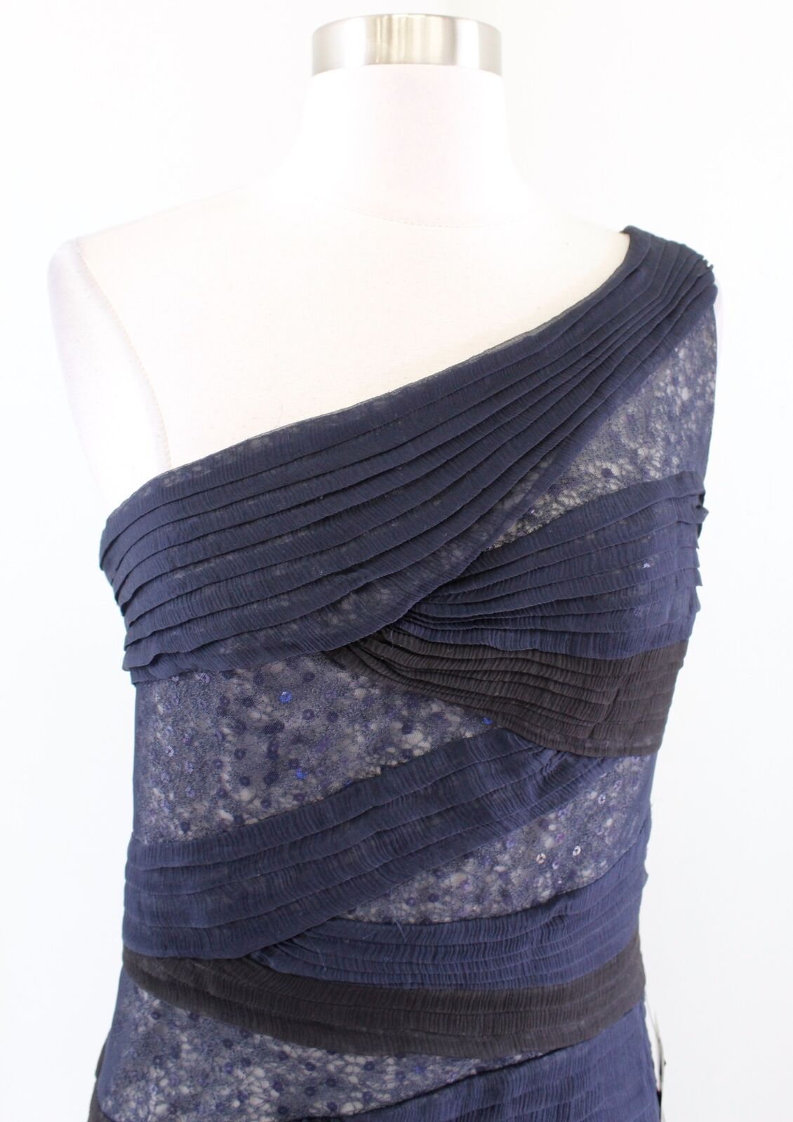 NWT Tadashi Shoji Navy Blue Black Mesh Sequin One Shoulder Dress Size 6 Evening