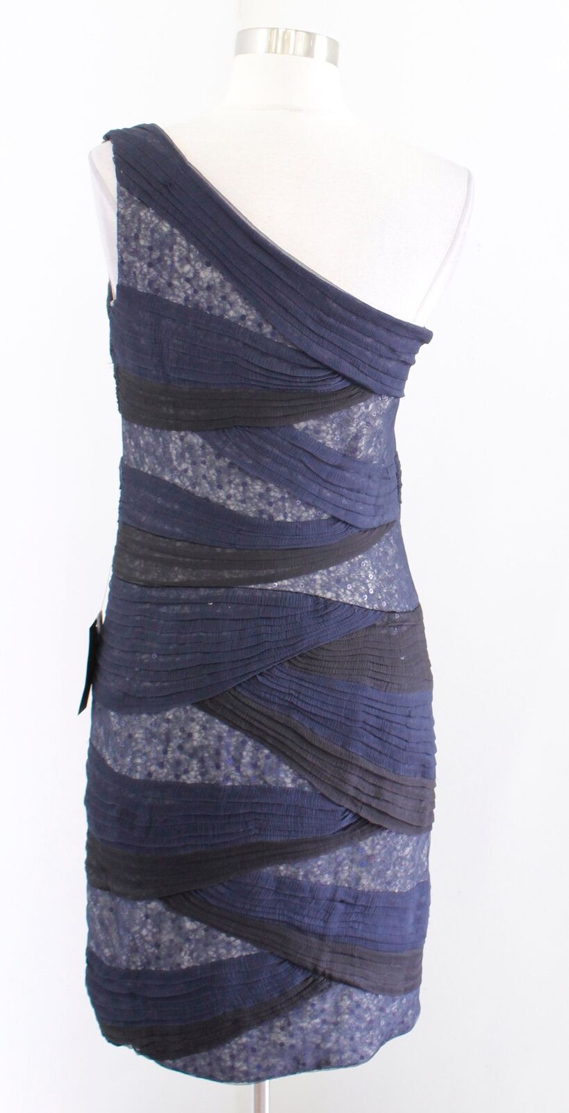 NWT Tadashi Shoji Navy Blue Black Mesh Sequin One Shoulder Dress Size 6 Evening