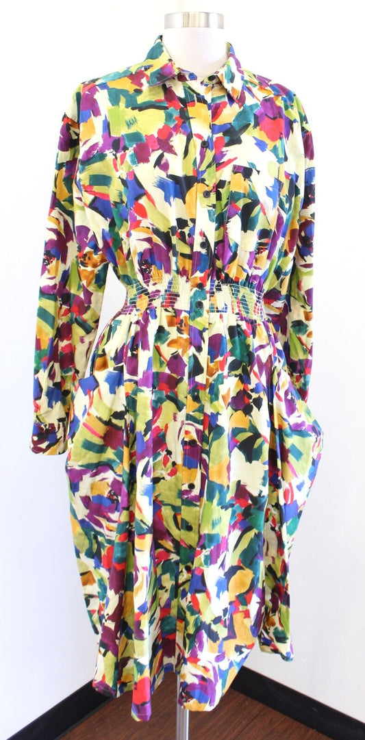 KENZO Archive Abstract Print Button Front Shirt Dress Size 38 Smocked Artsy