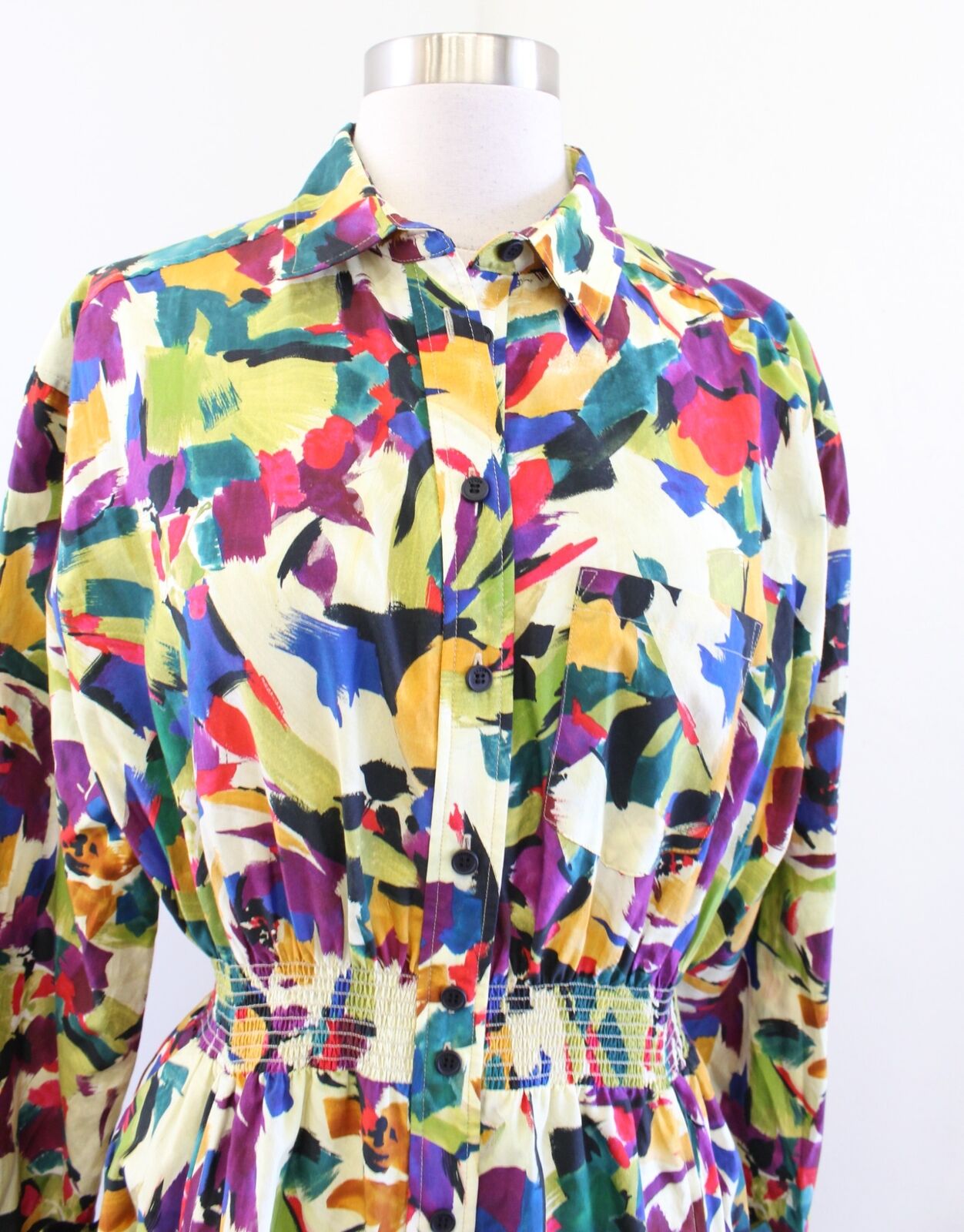 KENZO Archive Abstract Print Button Front Shirt Dress Size 38 Smocked Artsy