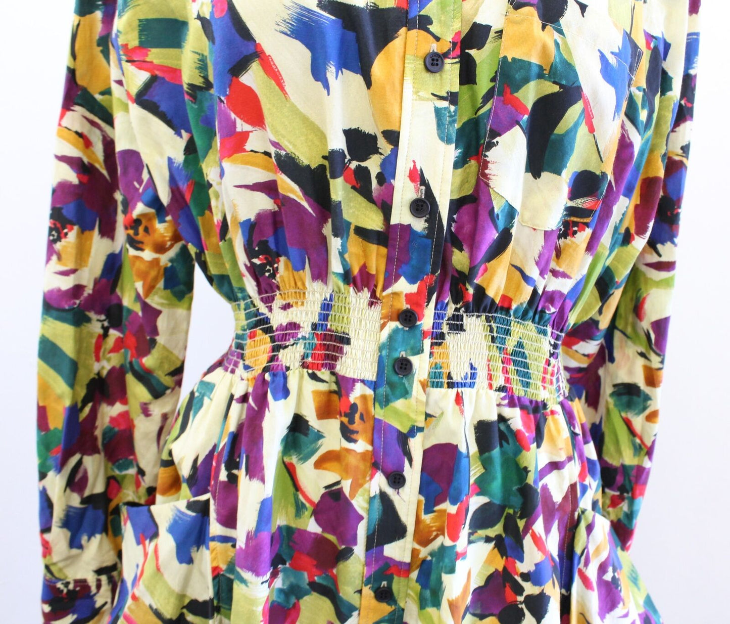 KENZO Archive Abstract Print Button Front Shirt Dress Size 38 Smocked Artsy