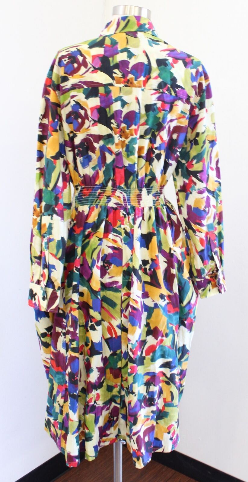 KENZO Archive Abstract Print Button Front Shirt Dress Size 38 Smocked Artsy