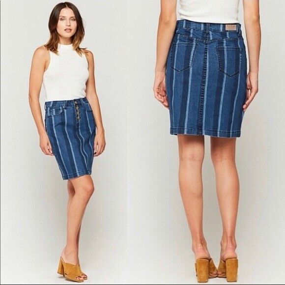 Maeve Anthropologie Denim Jean Striped Pencil Skirt Button Fly Size 0