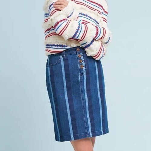 Maeve Anthropologie Denim Jean Striped Pencil Skirt Button Fly Size 0