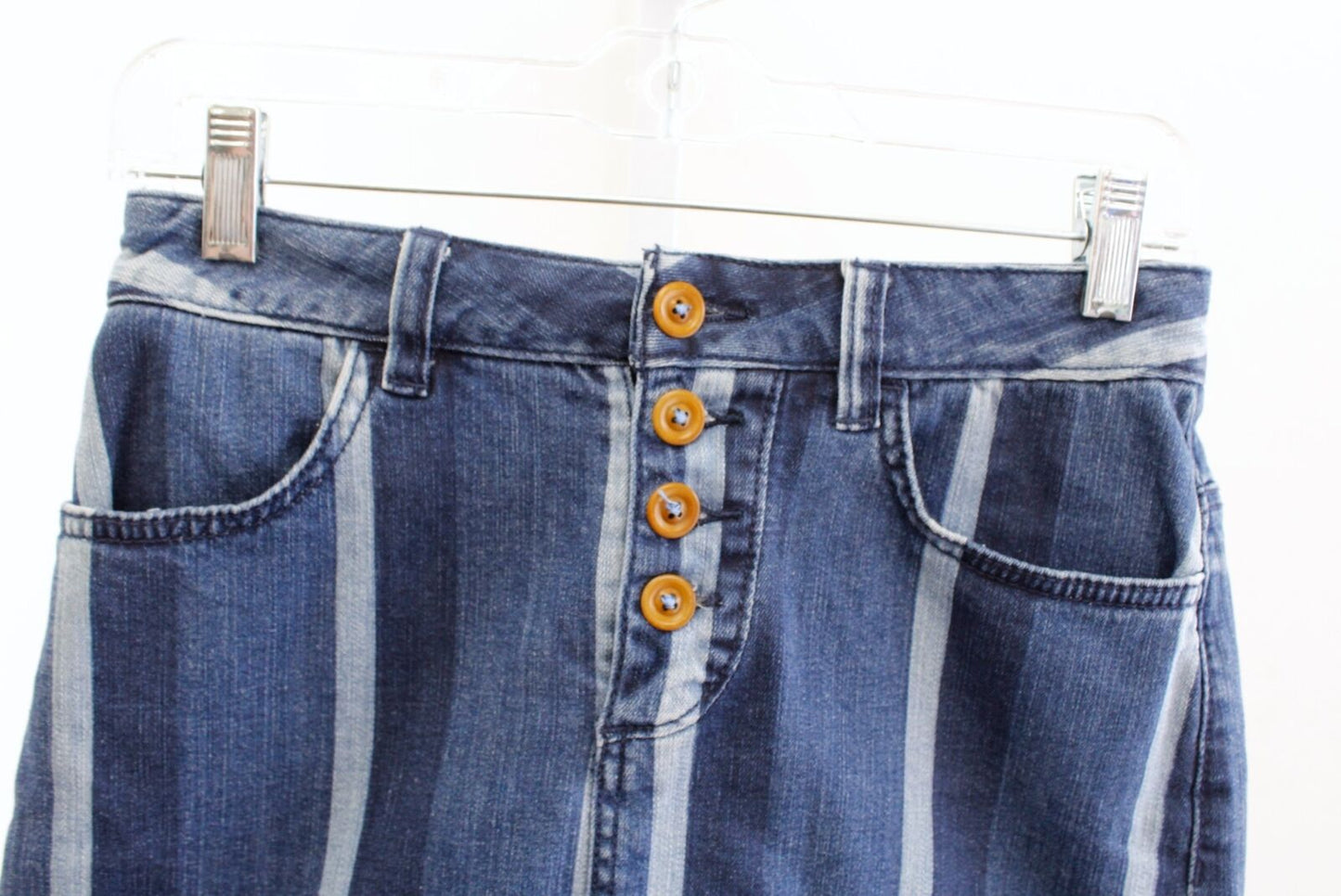 Maeve Anthropologie Denim Jean Striped Pencil Skirt Button Fly Size 0