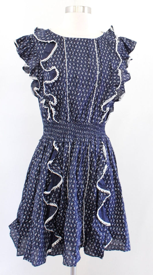 Rebecca Taylor La Vie Ikat Leaf Navy Blue Ruffle Mini Dress Smocked Size S