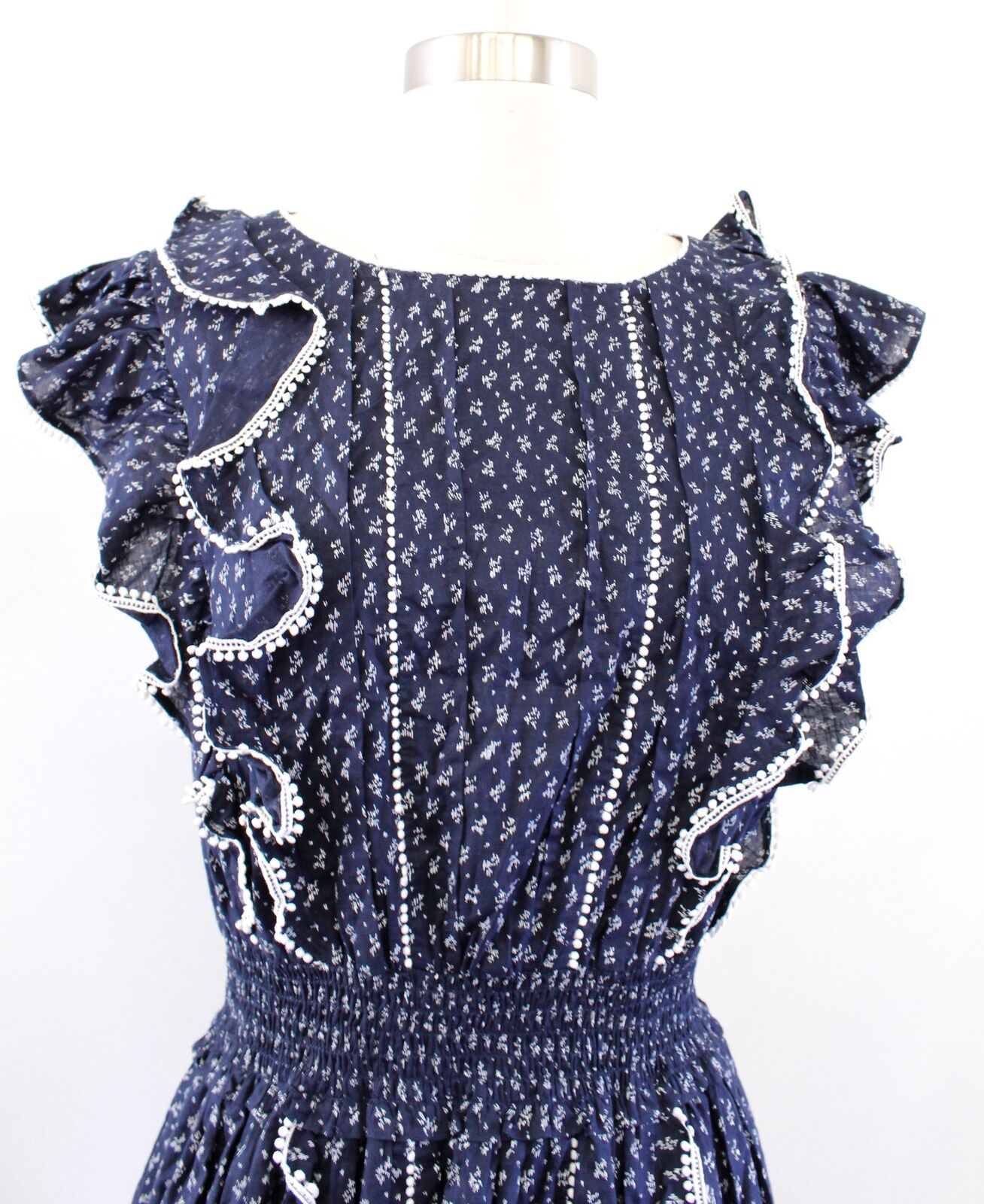 Rebecca Taylor La Vie Ikat Leaf Navy Blue Ruffle Mini Dress Smocked Size S