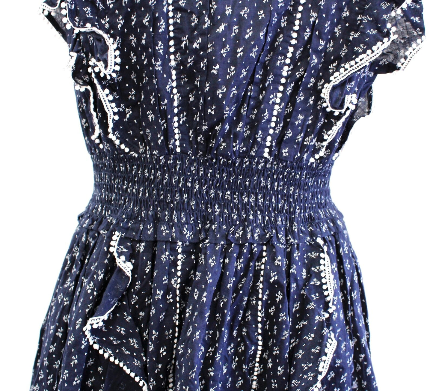 Rebecca Taylor La Vie Ikat Leaf Navy Blue Ruffle Mini Dress Smocked Size S