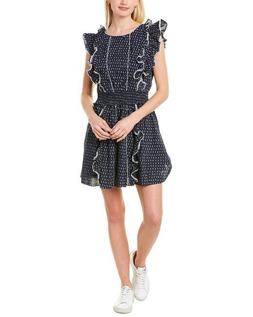 Rebecca Taylor La Vie Ikat Leaf Navy Blue Ruffle Mini Dress Smocked Size S