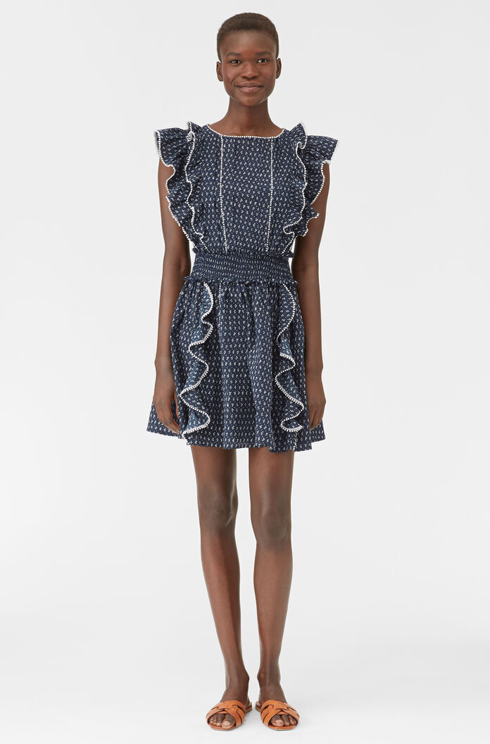 Rebecca Taylor La Vie Ikat Leaf Navy Blue Ruffle Mini Dress Smocked Size S